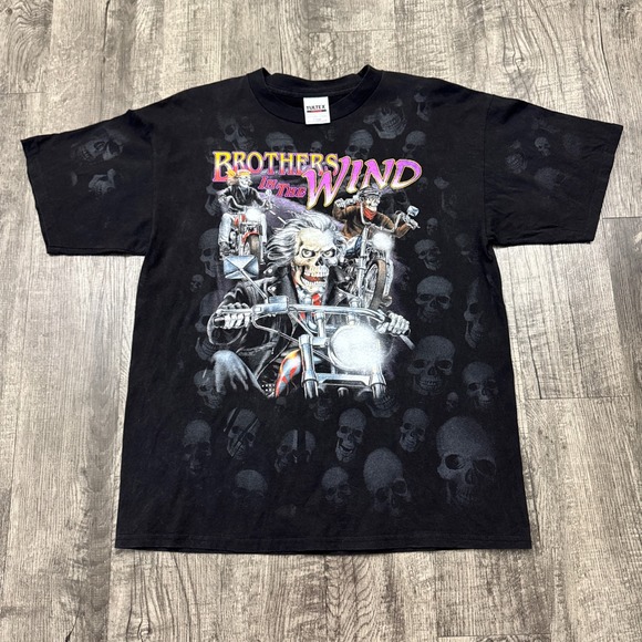 Tultex Other - Vintage Brothers in the Wind Biker Skeleton Skulls AOP Motorcycle Biker T Shirt